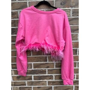 Altar'd State Pink Feather Trim Cropped Sweatshirt Women Size M